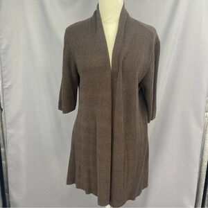 Eileen Fisher Chocolate Brown Open Front 1/2 Sleeve Silk Blend Cardigan Sweater